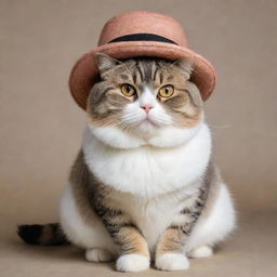 A plump cat adorned with a stylish hat.