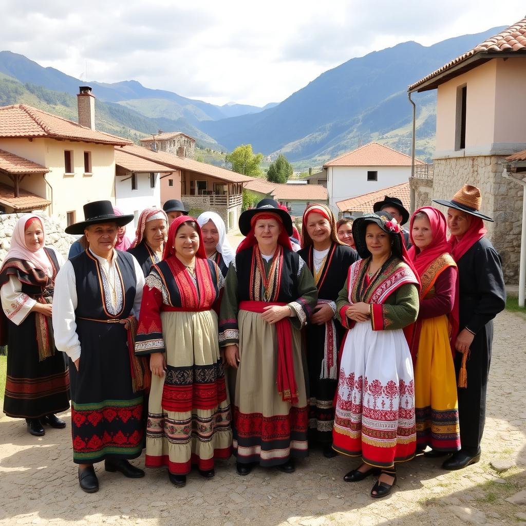 A group of Aromanian people dressed in traditional clothing, gathered in a picturesque village in Albania