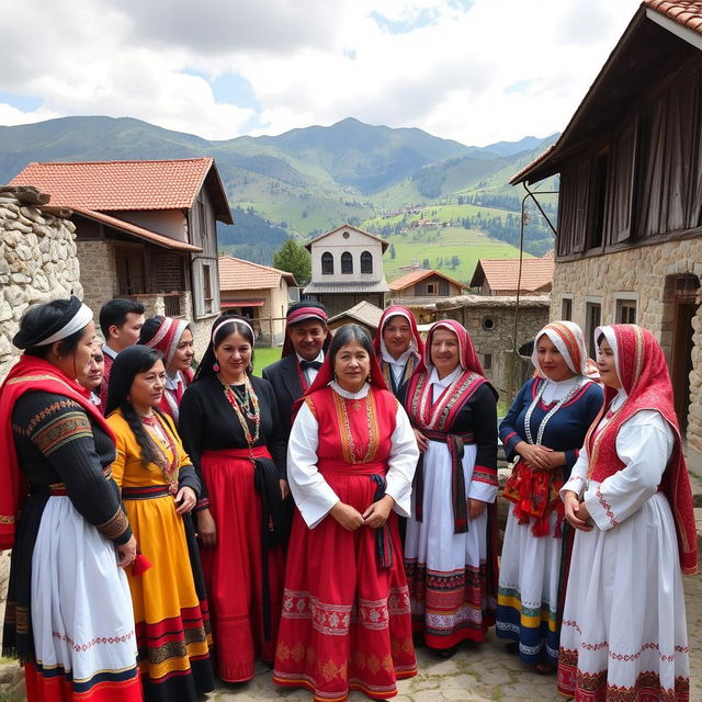 A group of Aromanian people dressed in traditional clothing, gathered in a picturesque village in Albania