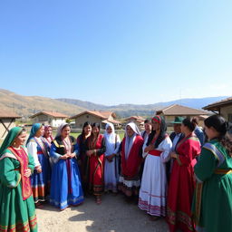 A group of Aromanian people dressed in traditional clothing, gathered in a picturesque village in Albania