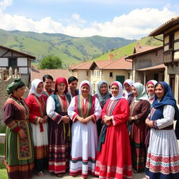 A group of Aromanian people dressed in traditional clothing, gathered in a picturesque village in Albania