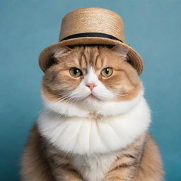 A plump cat adorned with a stylish hat.