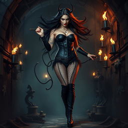 An evil dominatrix stands in a dark, ominous dungeon