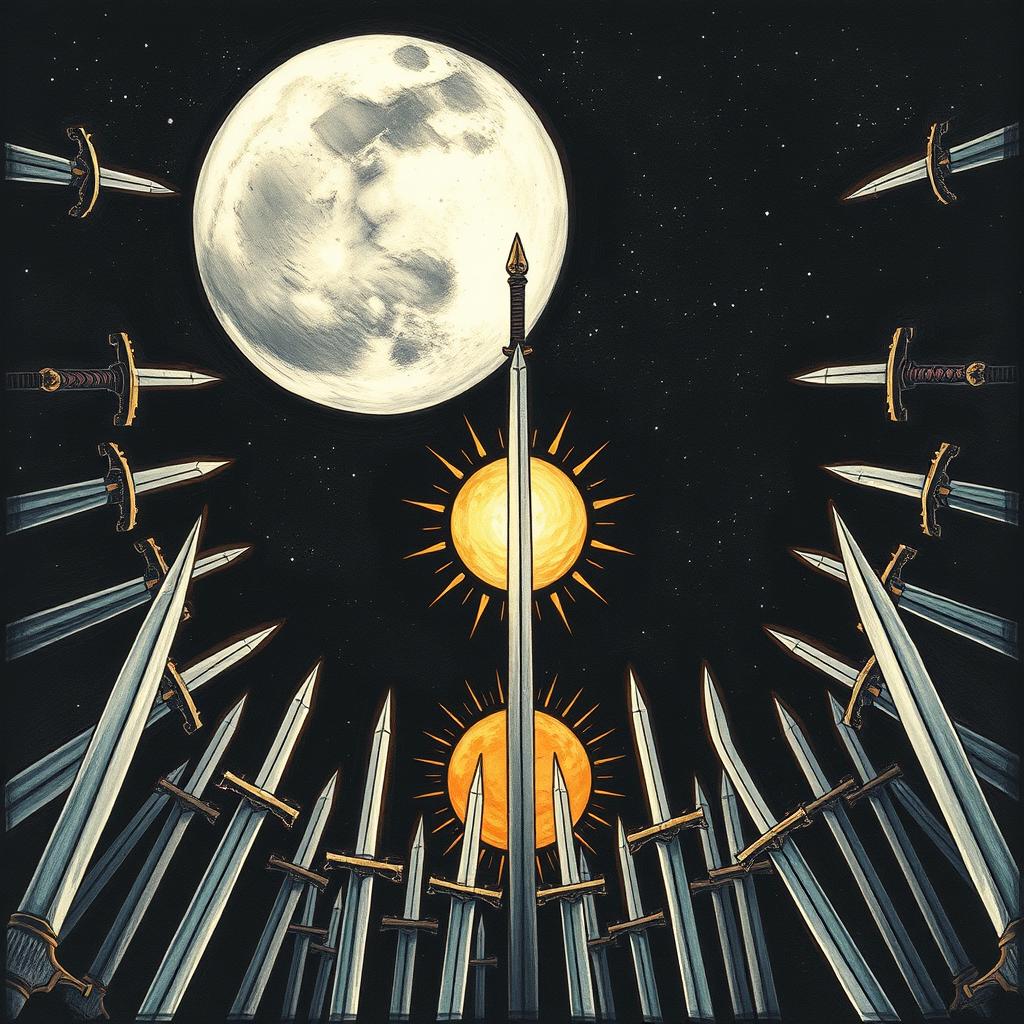 A detailed illustration featuring a moon and a sun in the foreground, surrounded by an array of swords pointing inward