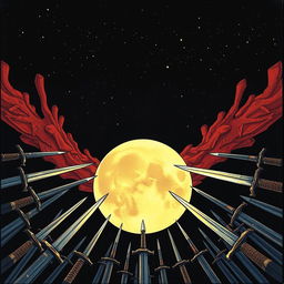 A detailed illustration featuring a moon and a sun in the foreground, surrounded by an array of swords pointing inward