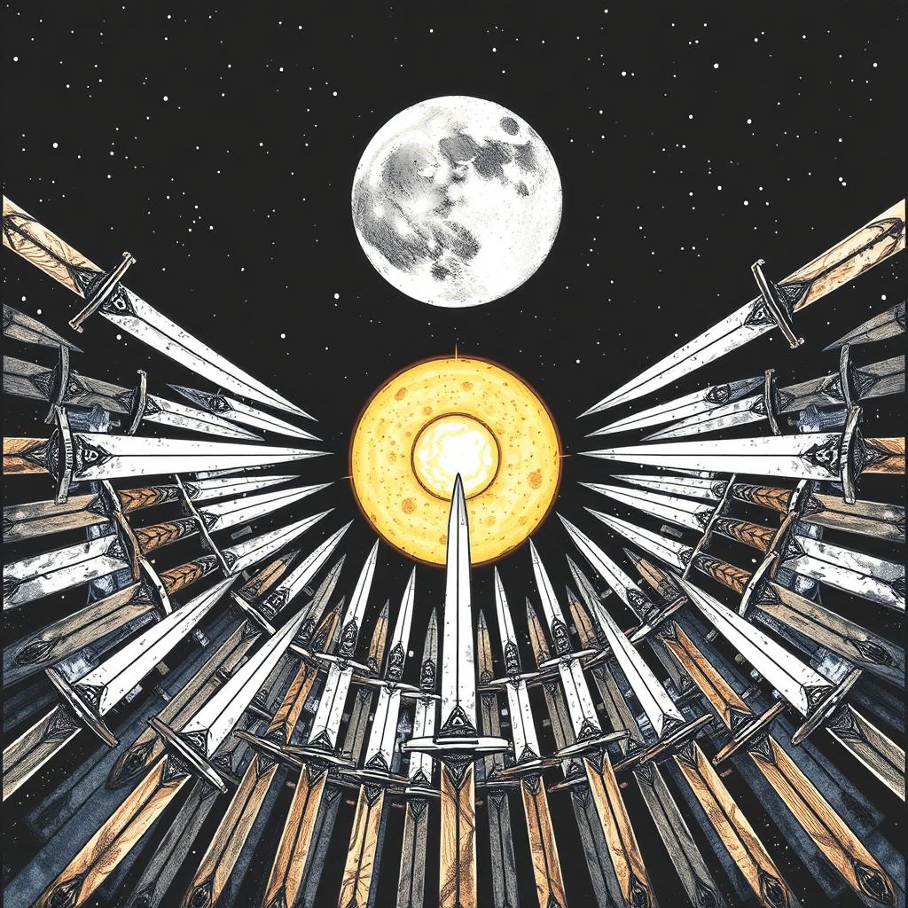 A detailed illustration featuring a moon and a sun in the foreground, surrounded by an array of swords pointing inward