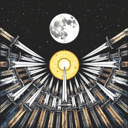 A detailed illustration featuring a moon and a sun in the foreground, surrounded by an array of swords pointing inward