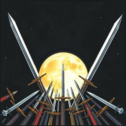 A detailed illustration featuring a moon and a sun in the foreground, surrounded by an array of swords pointing inward