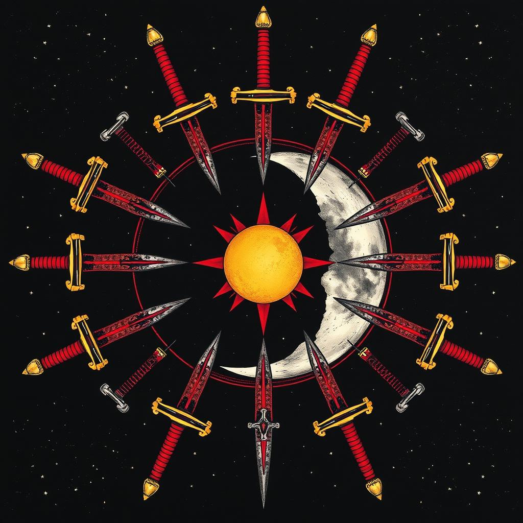 A detailed illustration featuring a moon and a sun in the middle, framed by an array of swords