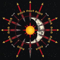 A detailed illustration featuring a moon and a sun in the middle, framed by an array of swords