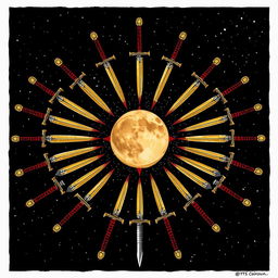 A detailed illustration featuring a moon and a sun in the middle, framed by an array of swords
