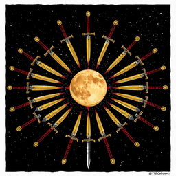 A detailed illustration featuring a moon and a sun in the middle, framed by an array of swords