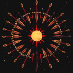 A detailed illustration featuring a moon and a sun in the middle, framed by an array of swords