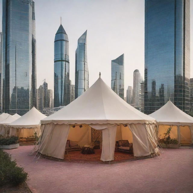 An Arabian-style tent set amidst the futuristic high-rise buildings of a bustling modern city