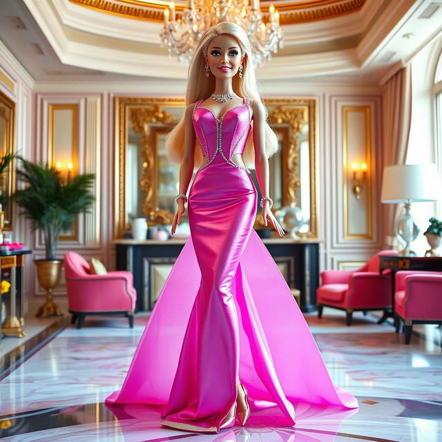 A large, life-size Barbie doll standing in a glamorous pose