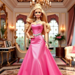 A large, life-size Barbie doll standing in a glamorous pose