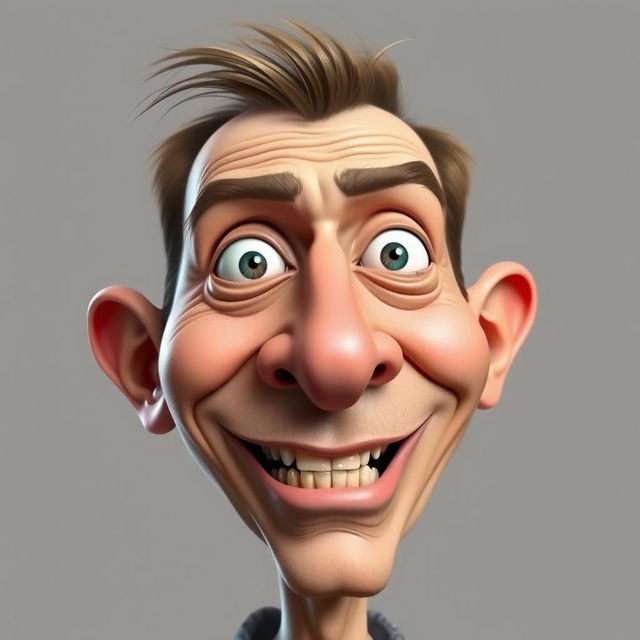 A caricature of a person with exaggerated and comical features, such as an overly large nose, crooked teeth, and mismatched eyes