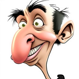 A caricature of a person with exaggerated and comical features, such as an overly large nose, crooked teeth, and mismatched eyes