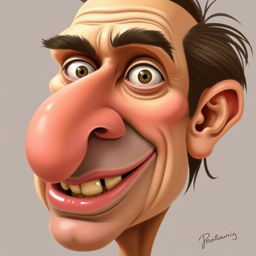 A caricature of a person with exaggerated and comical features, such as an overly large nose, crooked teeth, and mismatched eyes