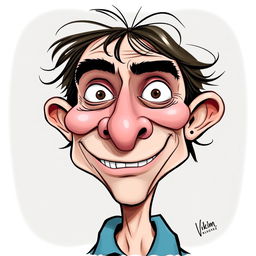 A caricature of a person with exaggerated and comical features, such as an overly large nose, crooked teeth, and mismatched eyes