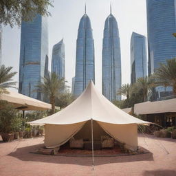 An Arabian-style tent set amidst the futuristic high-rise buildings of a bustling modern city