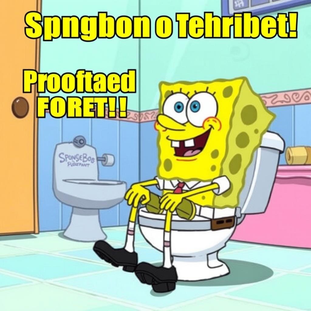 SpongeBob SquarePants in a humorous and exaggerated cartoon scene, sitting on a toilet with a funny expression