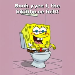 SpongeBob SquarePants in a humorous and exaggerated cartoon scene, sitting on a toilet with a funny expression