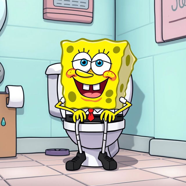 SpongeBob SquarePants in a humorous and exaggerated cartoon scene, sitting on a toilet with a funny expression