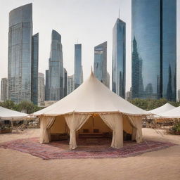 An Arabian-style tent set amidst the futuristic high-rise buildings of a bustling modern city