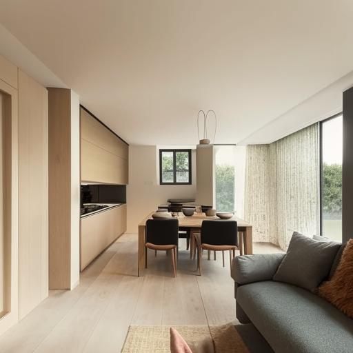 Design an open-plan floor featuring a kitchen, a dining area with a table, a living room with a nine-seater sofa, all seamlessly connected in a modern layout.