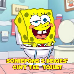 SpongeBob SquarePants in a humorous and exaggerated cartoon scene, sitting on a toilet with a funny expression