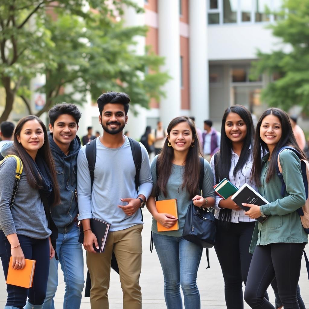 A group of college students including Mustafa, standing together outside a college building