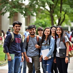 A group of college students including Mustafa, standing together outside a college building