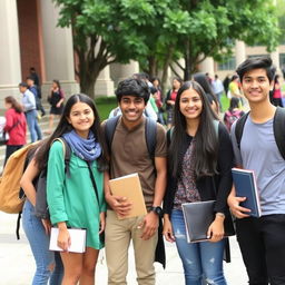 A group of college students including Mustafa, standing together outside a college building