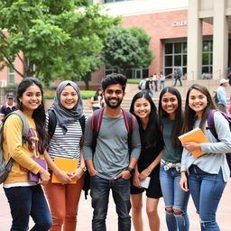 A group of college students including Mustafa, standing together outside a college building