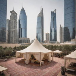 An Arabian-style tent set amidst the futuristic high-rise buildings of a bustling modern city