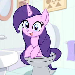 Twilight Sparkle from My Little Pony in a humorous and exaggerated cartoon scene, sitting on a toilet with a funny expression