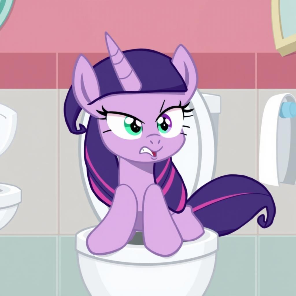 Twilight Sparkle from My Little Pony in a humorous and exaggerated cartoon scene, sitting on a toilet with a funny expression