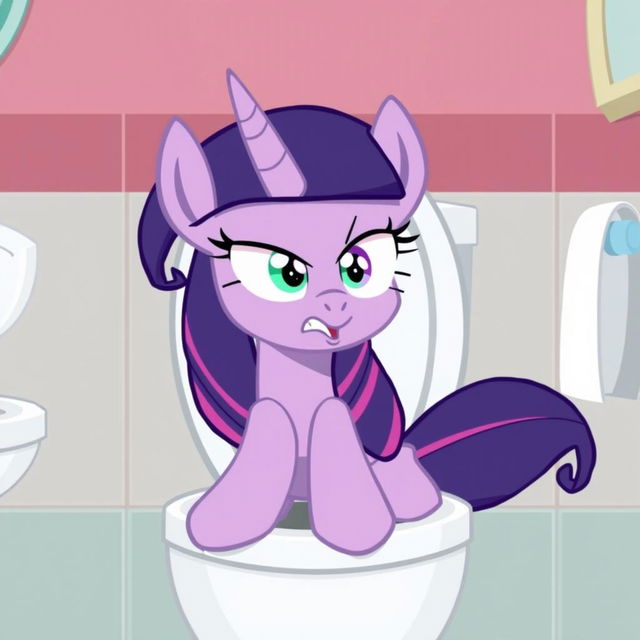 Twilight Sparkle from My Little Pony in a humorous and exaggerated cartoon scene, sitting on a toilet with a funny expression