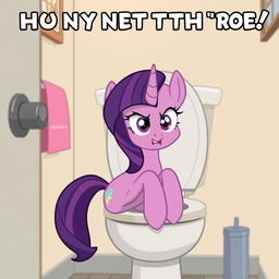 Twilight Sparkle from My Little Pony in a humorous and exaggerated cartoon scene, sitting on a toilet with a funny expression