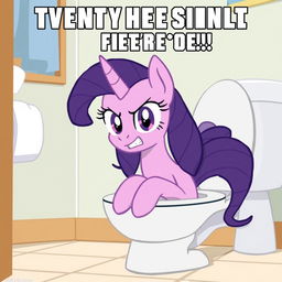 Twilight Sparkle from My Little Pony in a humorous and exaggerated cartoon scene, sitting on a toilet with a funny expression