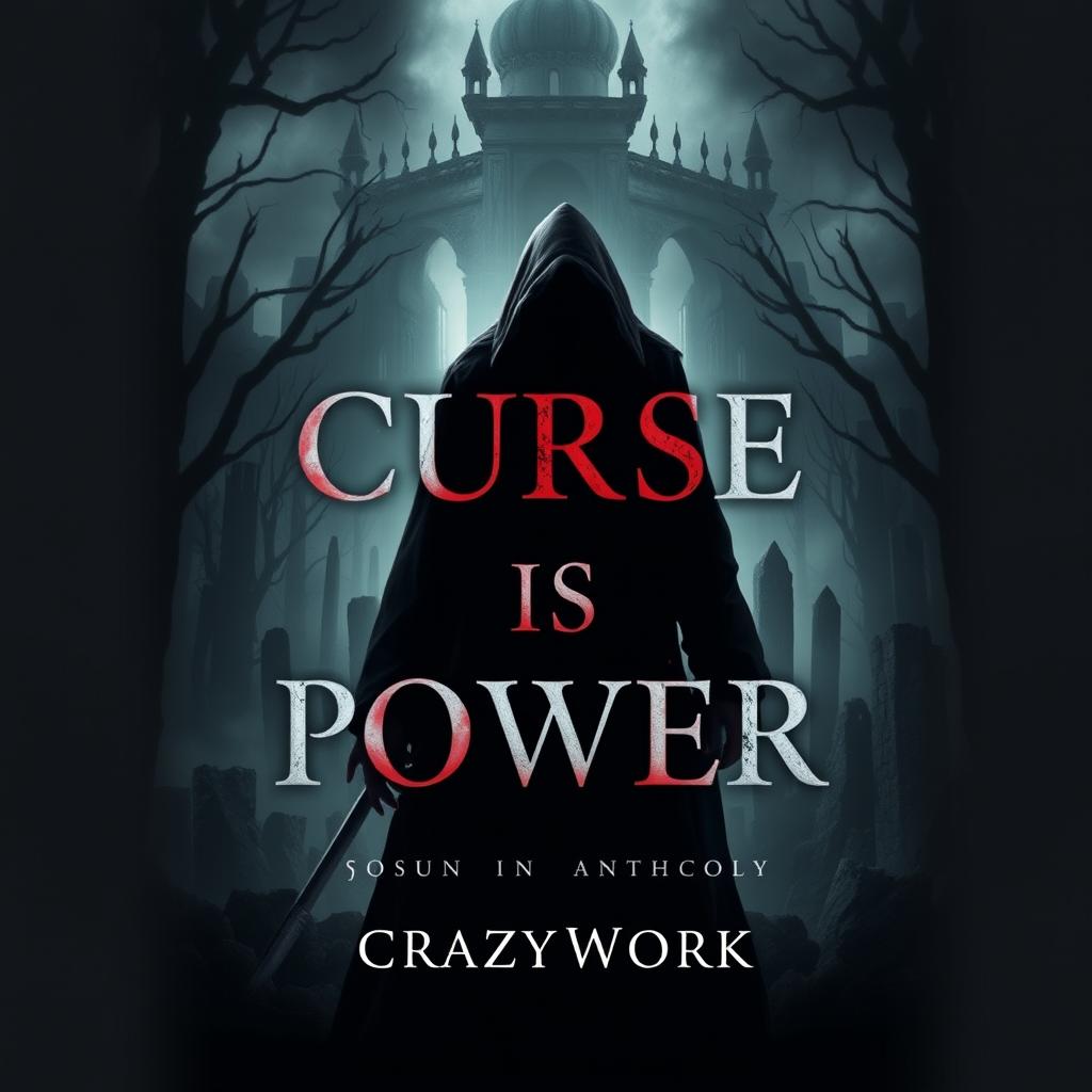 Create a dark fantasy-themed book cover for a novel titled 'Curse is Power' by author CrazyWork