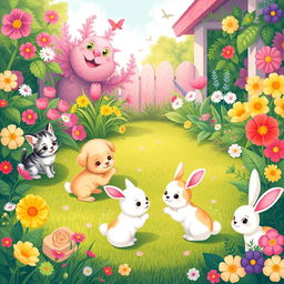 A delightful and heartwarming scene featuring adorable animals like kittens, puppies, and bunnies playing together in a lush garden