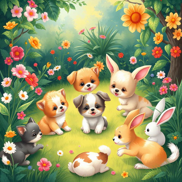 A delightful and heartwarming scene featuring adorable animals like kittens, puppies, and bunnies playing together in a lush garden