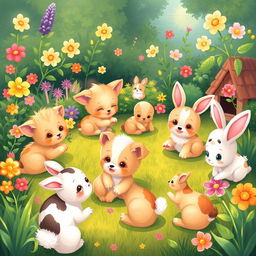 A delightful and heartwarming scene featuring adorable animals like kittens, puppies, and bunnies playing together in a lush garden