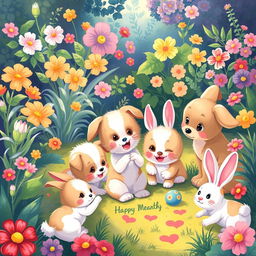 A delightful and heartwarming scene featuring adorable animals like kittens, puppies, and bunnies playing together in a lush garden