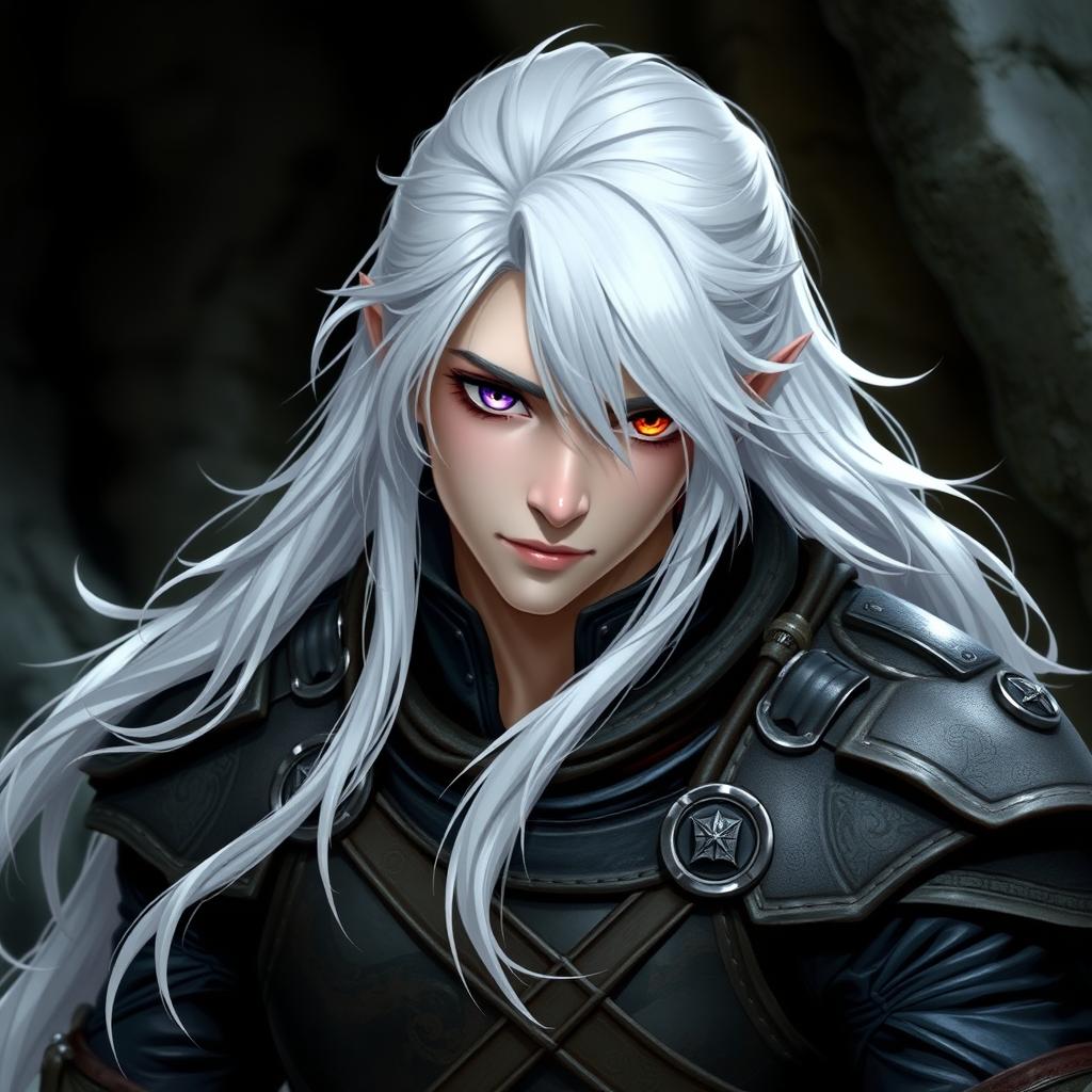 A semidrow male character with long white hair, wearing leather armor