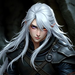 A semidrow male character with long white hair, wearing leather armor