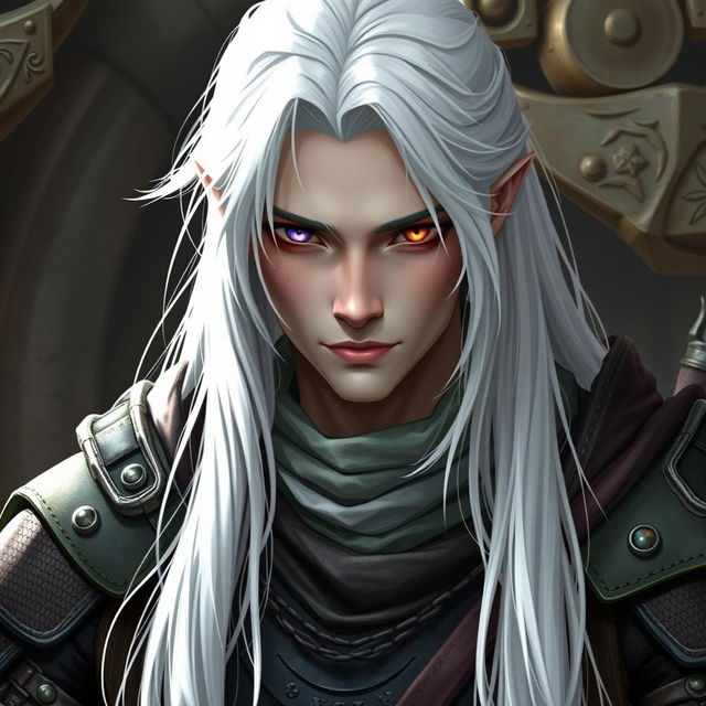 A semidrow male character with long white hair, wearing leather armor