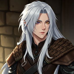 A semidrow male character with long white hair, wearing leather armor